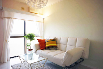 ソファーベッドの置かれた壁面だけは薄いペパーミント色とし、空間を使い分けています。