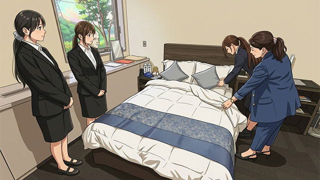 客室やテーブルマナーを学ぶホテル実習室