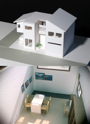 素材感にこだわった模型がまるで実空間のような写真スタジオ併設住宅。（西村結衣さん）