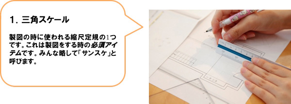 １．三角スケール　製図の時に使われる縮尺定規の1つです。これは製図をする時の必須アイテムです。みんな略して「サンスケ」と呼びます。