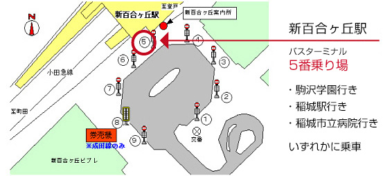 新百合ヶ丘駅5番乗り場より、「駒沢学園行き」「稲城駅行き」に乗車。