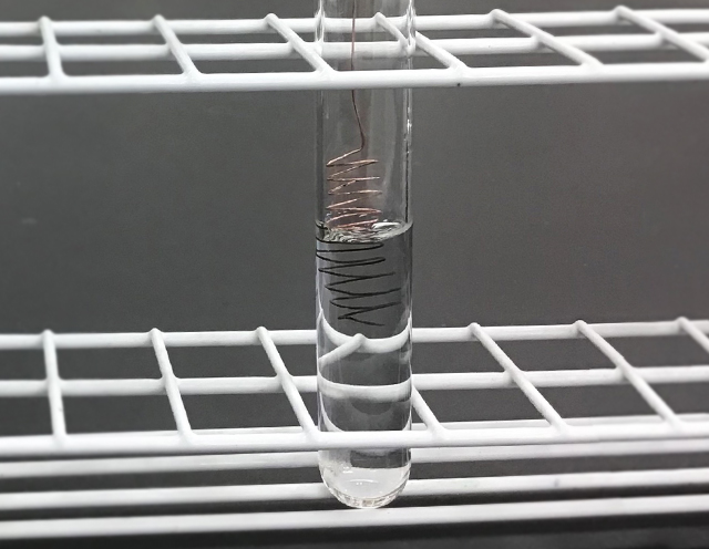 透明の硝酸銀水溶液にらせん状の銅線を入れました