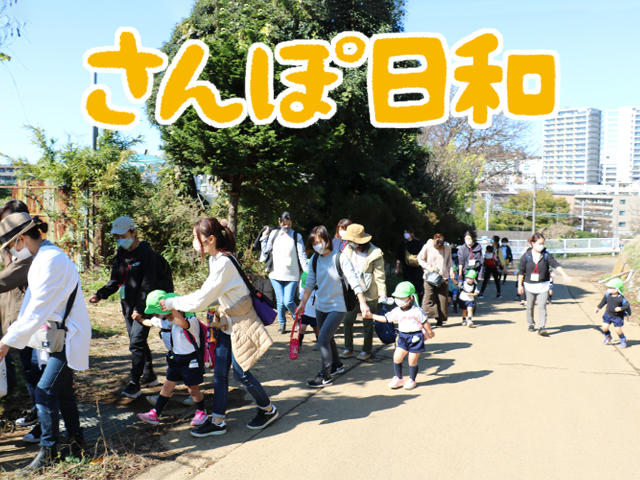 お芋を掘った後は、おうちの人と一緒にお散歩です。坂道も頑張って歩きました。（年少組）