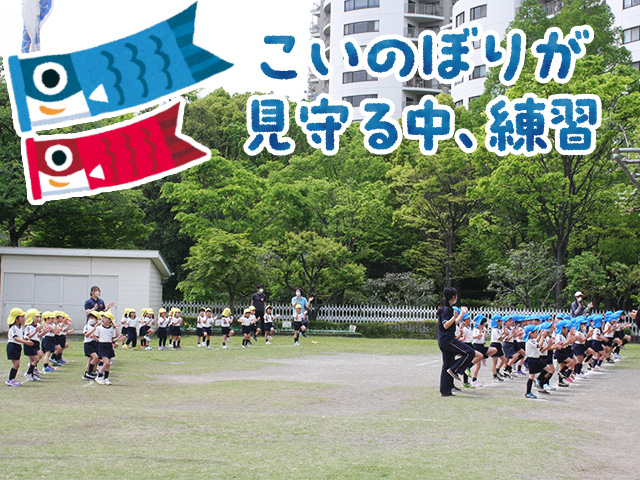 園庭では、年中さんと年長さんが当日の動きの確認を行いました。本番前でドキドキしますね。