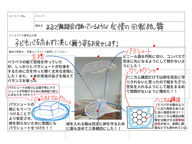 ユニークな機体「友情の回転紙舞」。優雅に回転しながら落下し、見事成功しました。